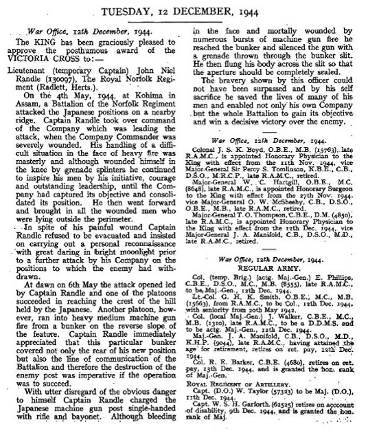 Citation Captain John Randle VC Battle of Kohima